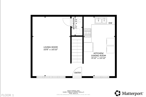 A floor plan for a living room, kitchen, and dining room.